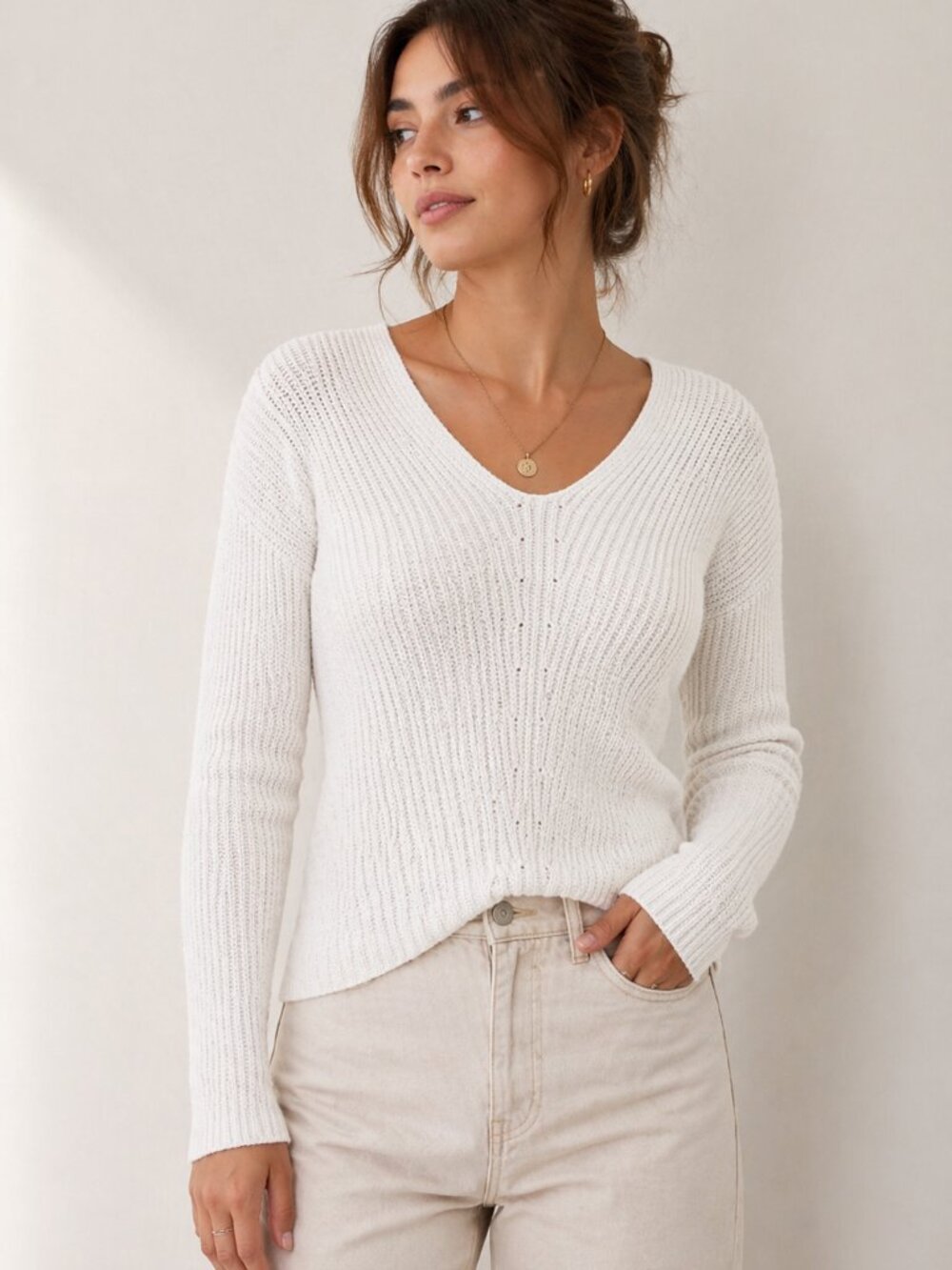 Marine Layer Elisa Ivory Cream Knit Cashmere Blend V-Neck Sweater XL